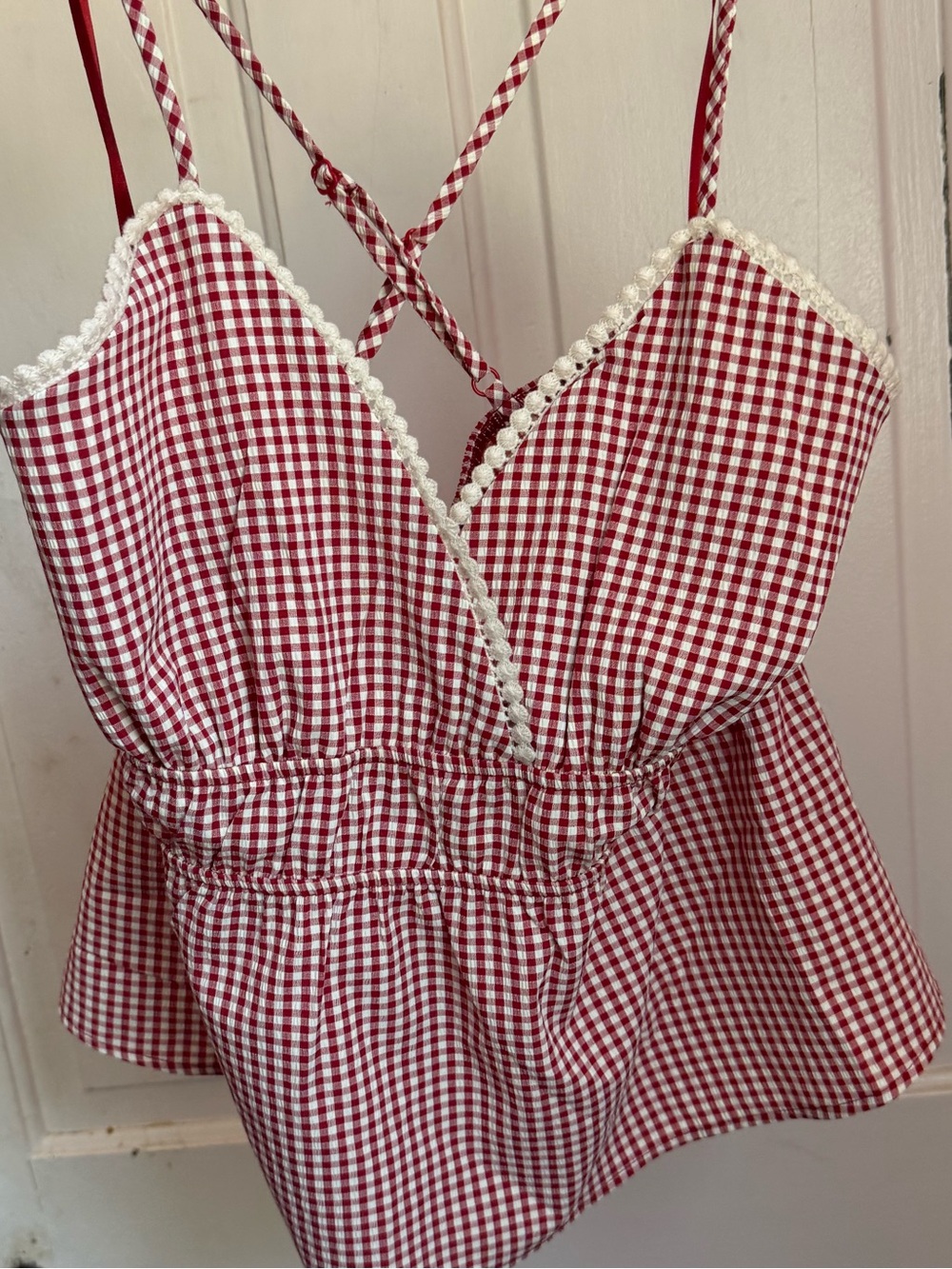 Red and White Gingham Lace-Trim Cami from Monteau